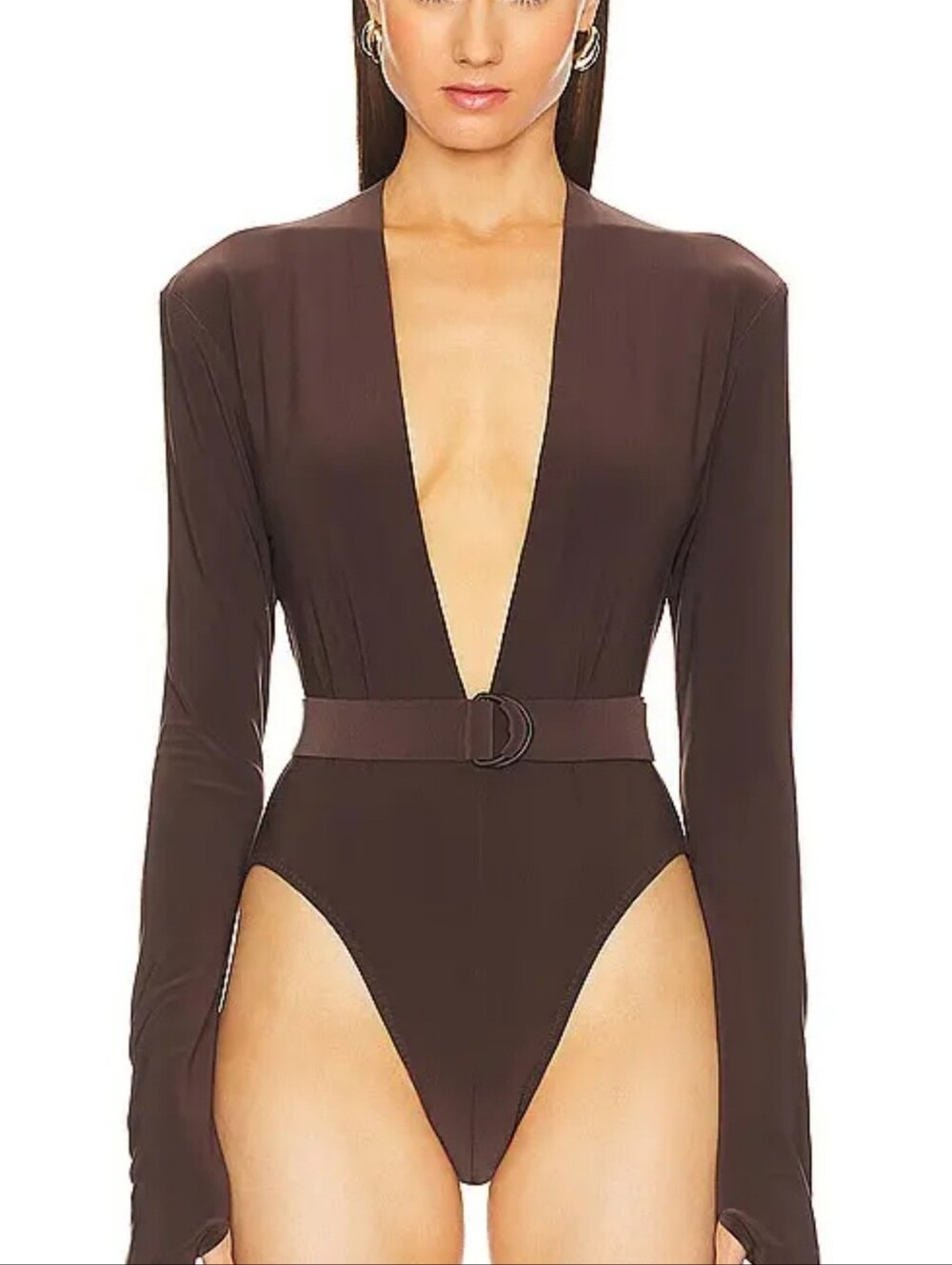 Norma Kamali Brown Deep V-Neck Long-Sleeve Bodysuit